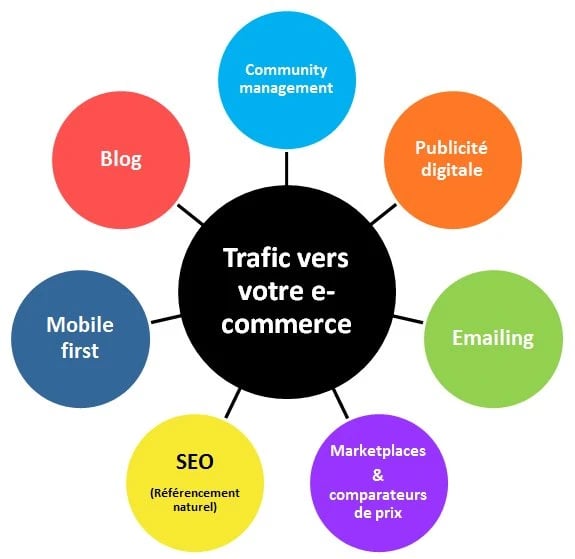 Sur cette illustration, les différents leviers d'acquisition de trafic.