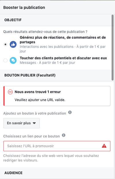 Capture d'écran des objectifs de publicité Facebook.