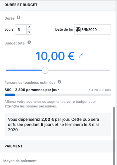 Sur cette capture d'écran, le budget publicitaire est établi.