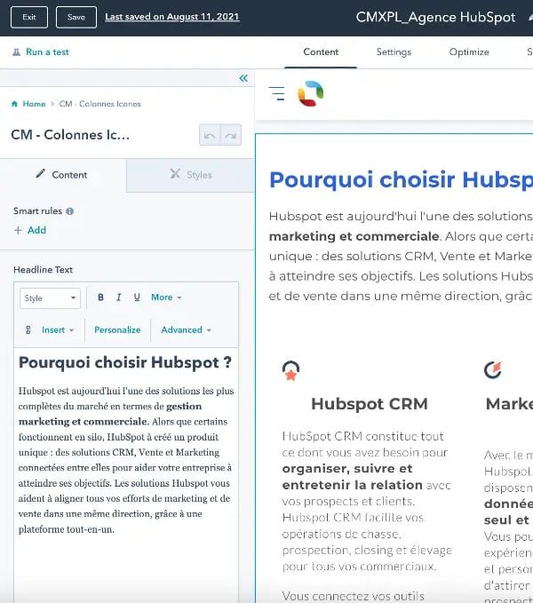 Capture d'écran de l'édition d'une page Hubspot sur le site ComExplorer