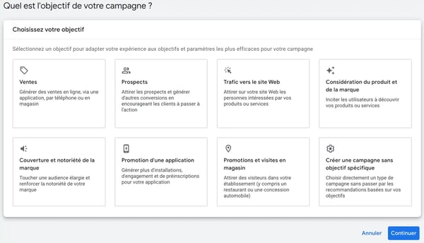 Capture d'écran du back-office de Google Ads avec tous les objectifs de la campagne