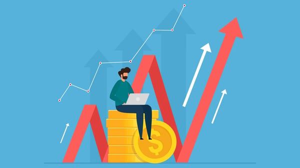 Sur l'illustration, nous voyons un personnage assis sur des pièces et derrière lui des courbes croissantes qui montrent la progression des indicateurs de performances