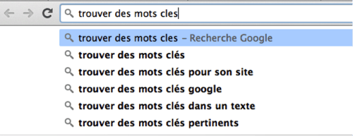 Capture d'écran d'une barre de moteur de recherche qui suggère des recherches associées au mots-clés de base