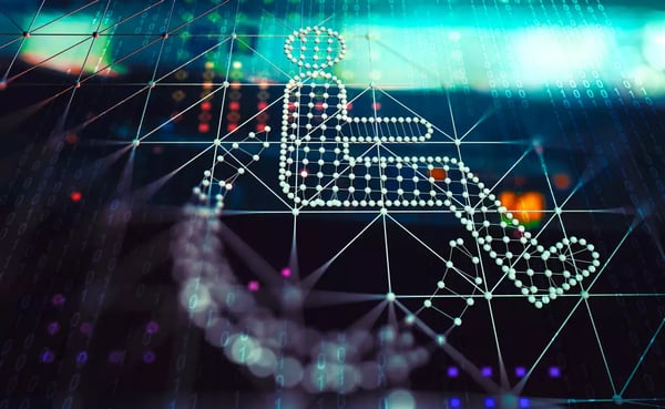 Cette illustration numérique représente un symbole d'accessibilité en fauteuil roulant, composé de points et de lignes interconnectés sur un fond de données binaires. Cette image symbolise le schéma pluriannuel d'accessibilité, mettant en avant l'intégration technologique pour améliorer l'accès et l'inclusion des personnes handicapées.