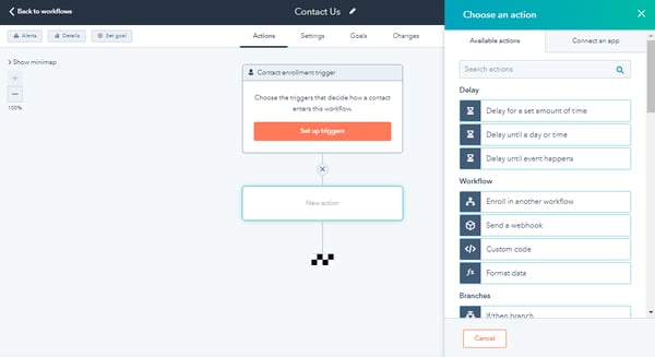 Capture d'écran pour montrer comment ajouter des actions dans un Workflow Husbpot