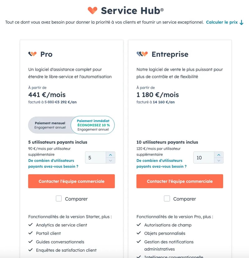 Capture d'écran des tarifs du Hub Service d'HubSpot au 13/12/2023