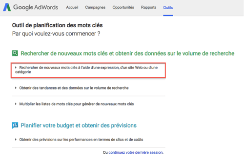 Capture d'écran d'une recherche de mots-clés associées sur Google Adwords