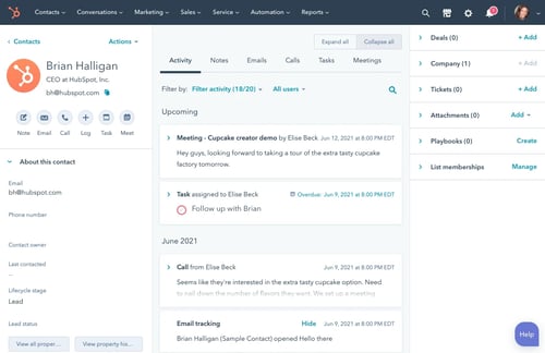 Capture d'écran d'une fiche client du CRM HubSpot