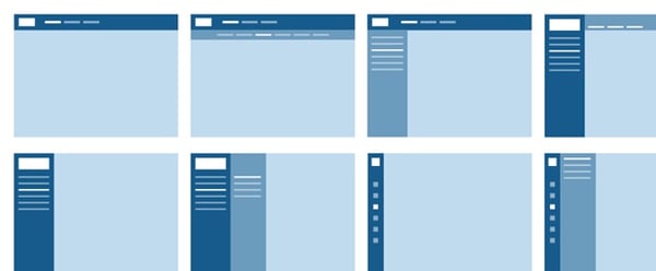 Un ensemble de wireframes représentant différentes configurations de menus de navigation pour des pages web. 