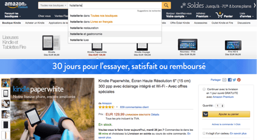 Capture d'écran d'une recherche de mots-clés associées sur Amazon