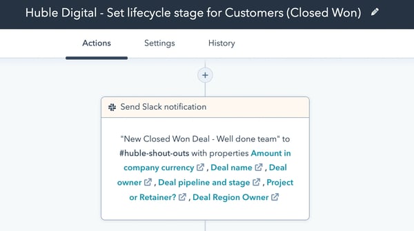 Capture d'écran d'un début de Workflow HubSpot de notification interne