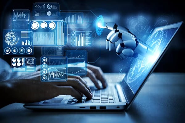 Vignette pour le Benchmark des meilleurs logiciels de marketing automation en 2024, montrant une main robotique interagissant avec un écran virtuel, illustrant l'importance de l'intelligence artificielle et de l'automatisation dans le marketing digital.